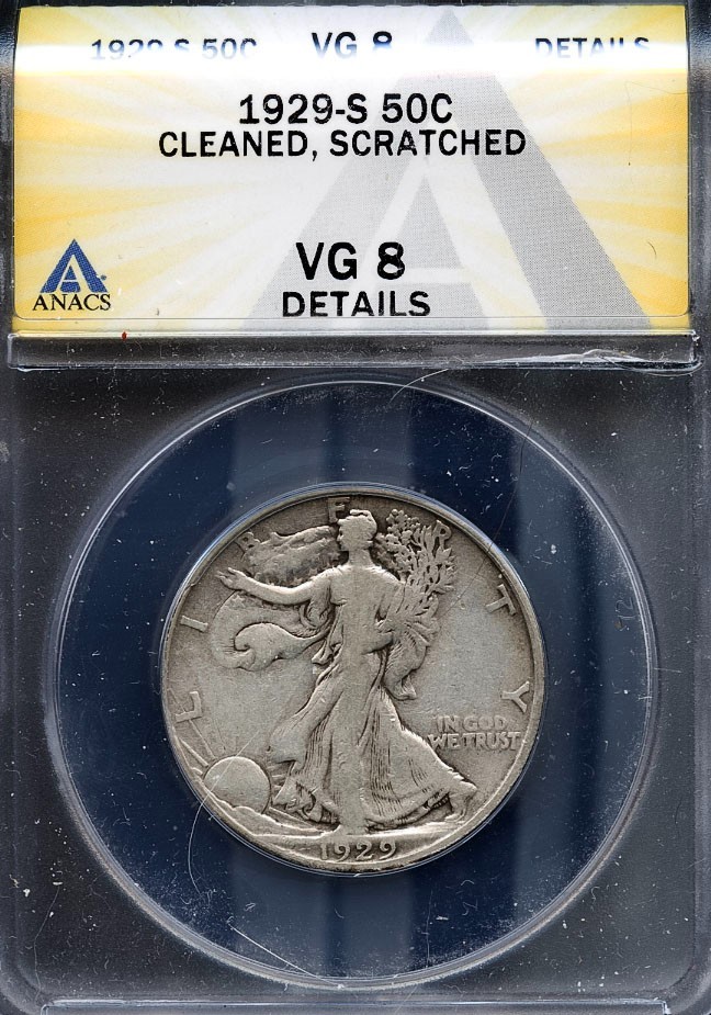 1929-S 50c Silver 50c Walking Liberty Half VG 8 Details ANACS # 8005534 + Bonus