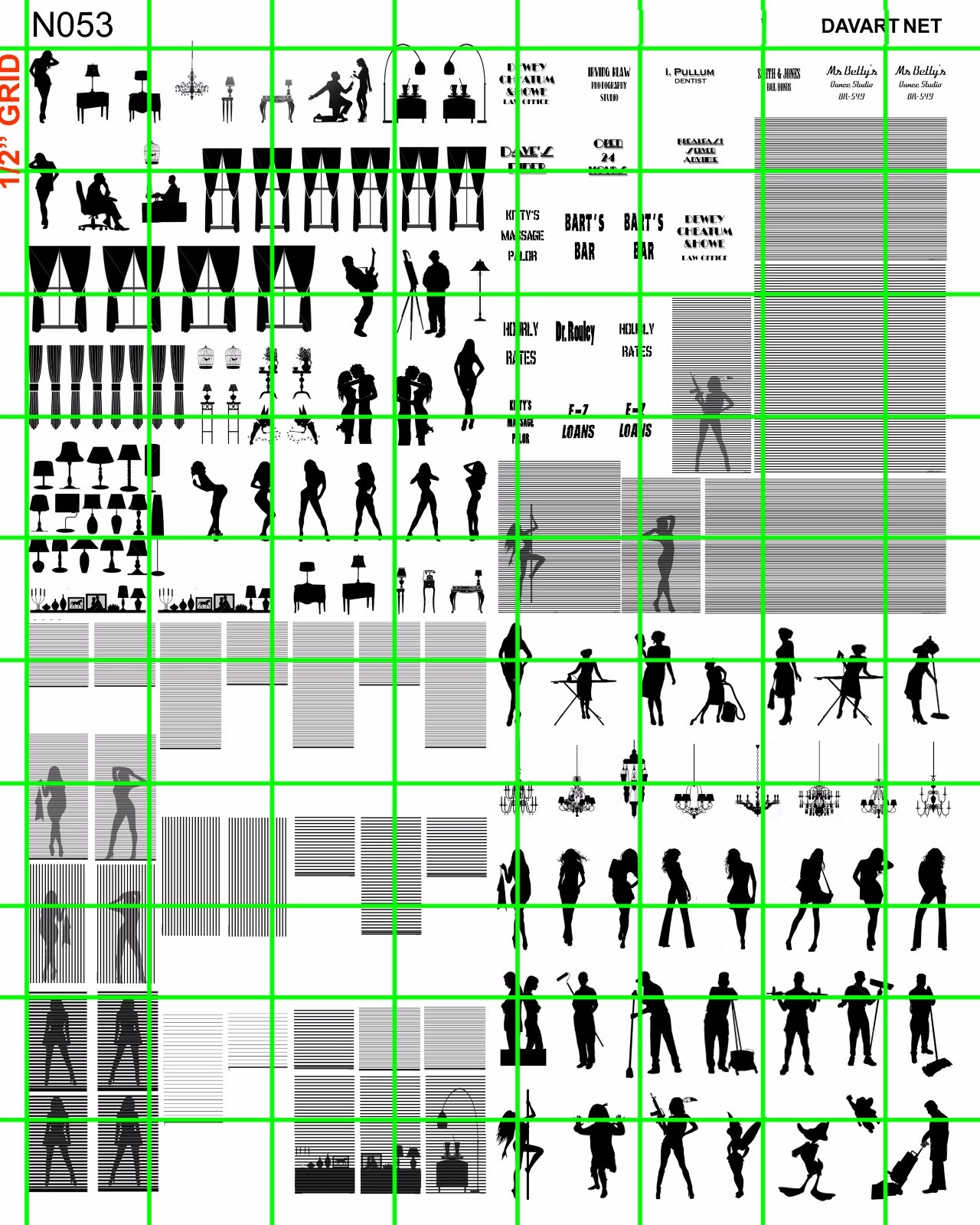 N053 DAVE\'S DECALS N SCALE WINDOW SILHOUETTES PEOPLE, CURTAINS, BLINDS FURNITURE