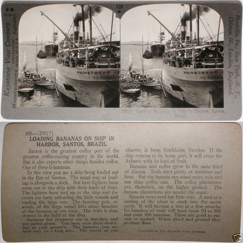 Keystone Stereoview Loading Bananas on Ship, Brazil From 1200 Card Set #139 DN-N