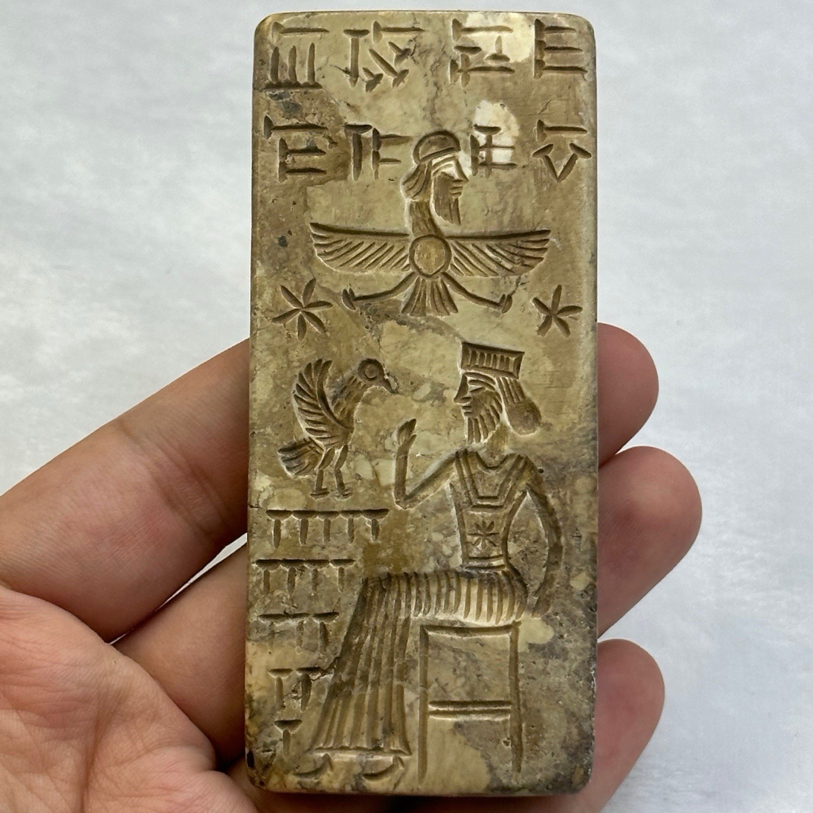 Stunning Ancient Near Eastern Small Stone King With Animal Inscription Carving