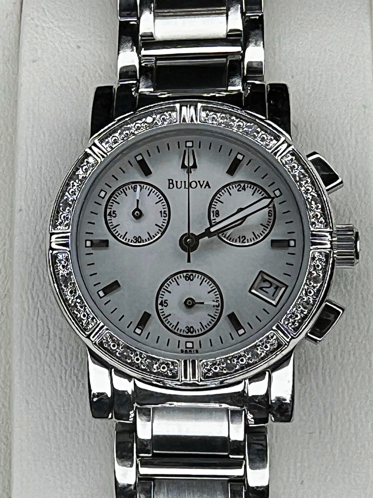 Bulova Diamond Bezel Women’s Mother of Pearl Dial Chronograph/Date Quartz Watch