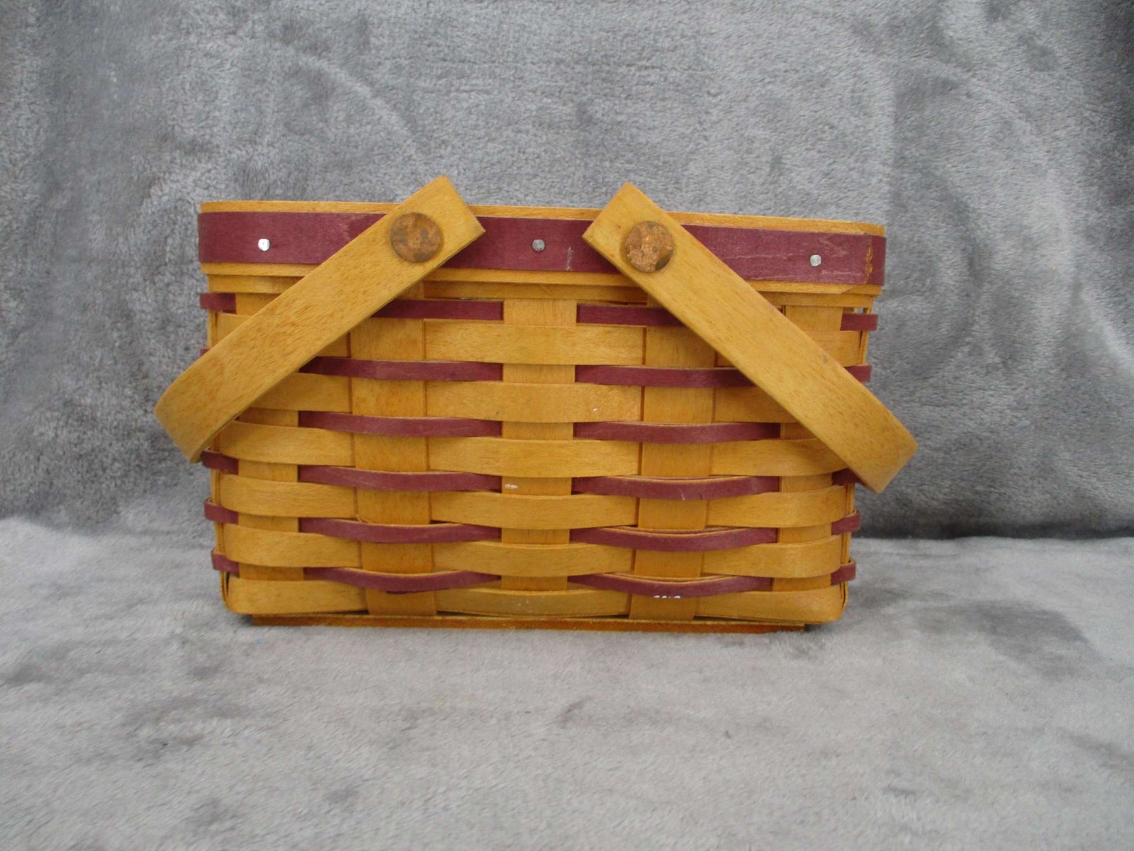 Longaberger Small Woven Picnic Basket Burgundy Trim Wooden Handles Decor 1998