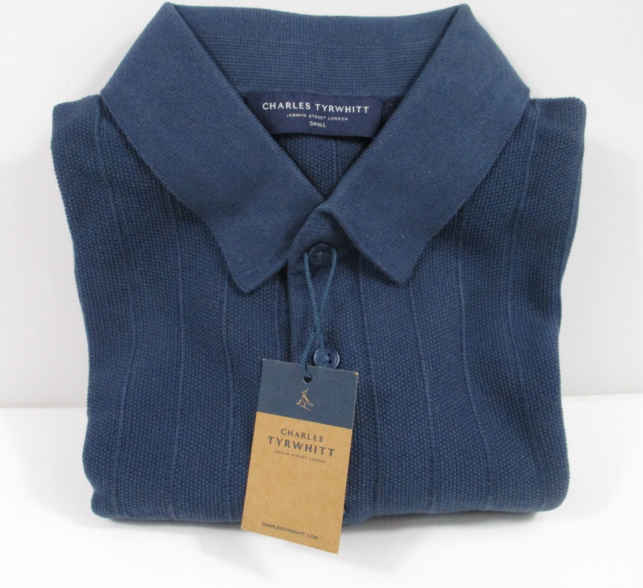 -NWT Charles Trywhitt Steel Blue Stripe Texture Short Sleeve Knitted Polo Sz S