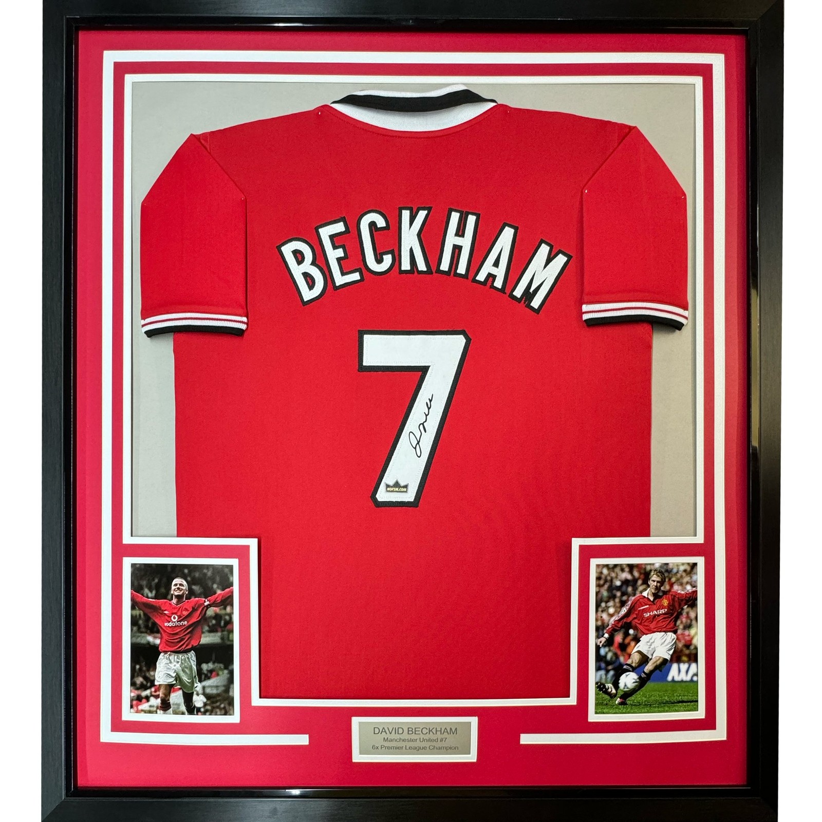 Framed Facsimile Autographed David Beckham 35x39 ManU Red Reprint Jersey