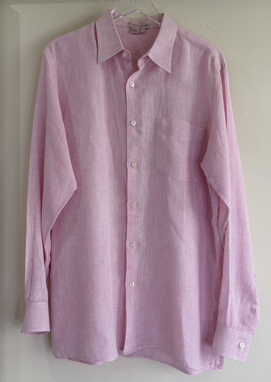 Tulliano Men\'s Sz Large 100% Linen Pink Shirt Long Sleeve Button Up Tulliano Men\'s Sz Large 100% Linen Pink Shirt Long Sleeve Button Up