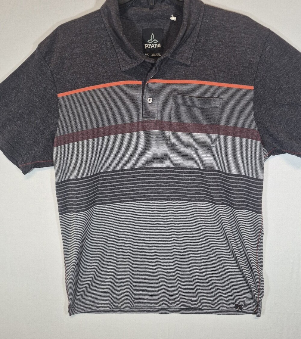 prAna Men’s Large Striped Polo Shirt Gray Red Short Sleeve Performance Casual prAna Men’s Large Striped Polo Shirt Gray Red Short Sleeve Performance Casual
