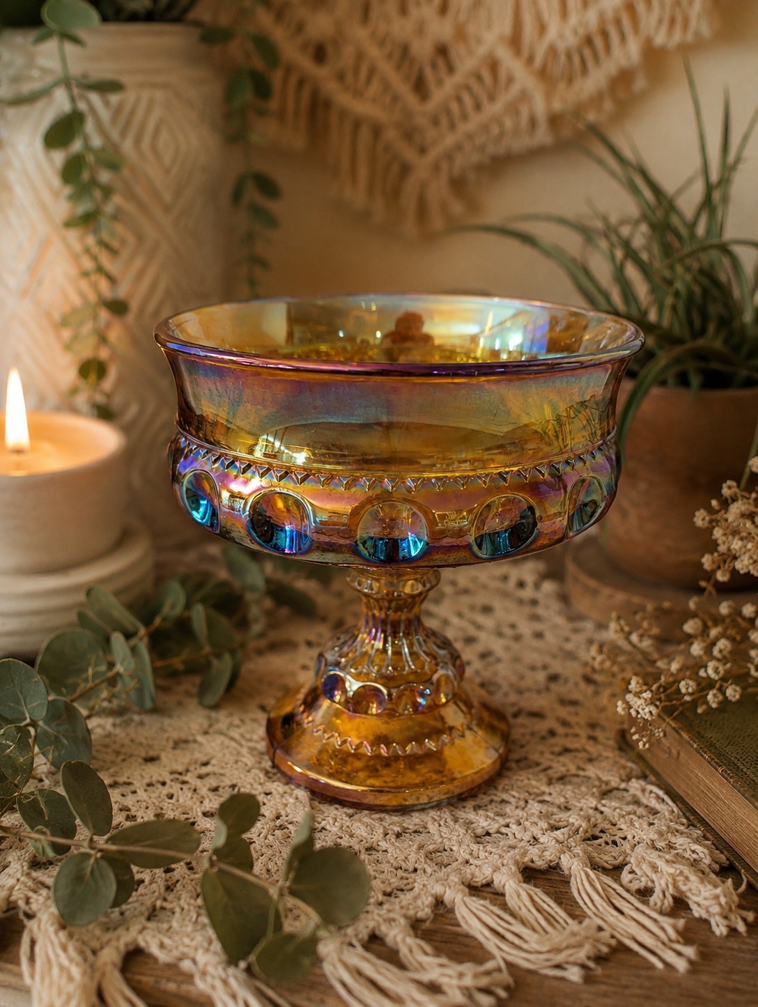Vintage Indiana Glass Amber Marigold Iridescent Carnival Glass Pedestal Compote