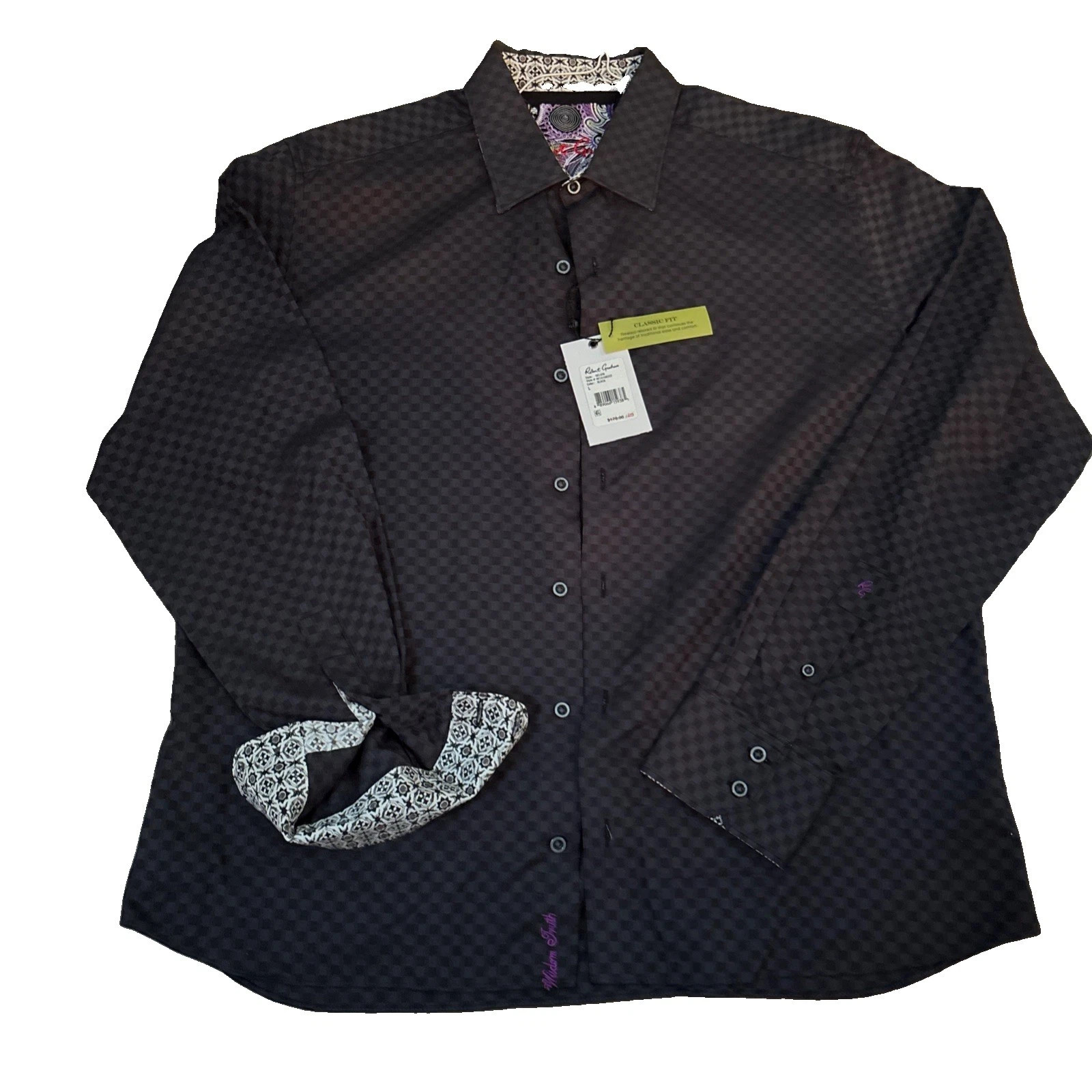 NWT Robert Graham Delvin Men\'s Black Checkered Button Down Dress Shirt, L J81