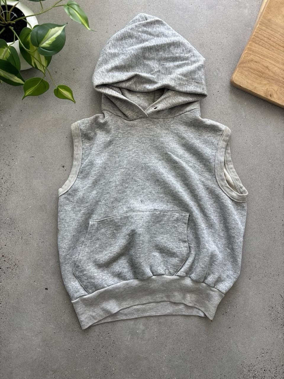 Vintage 1960s Heather Gray Men\'s S Sleeveless Pullover Fleece Hoodie Pouch