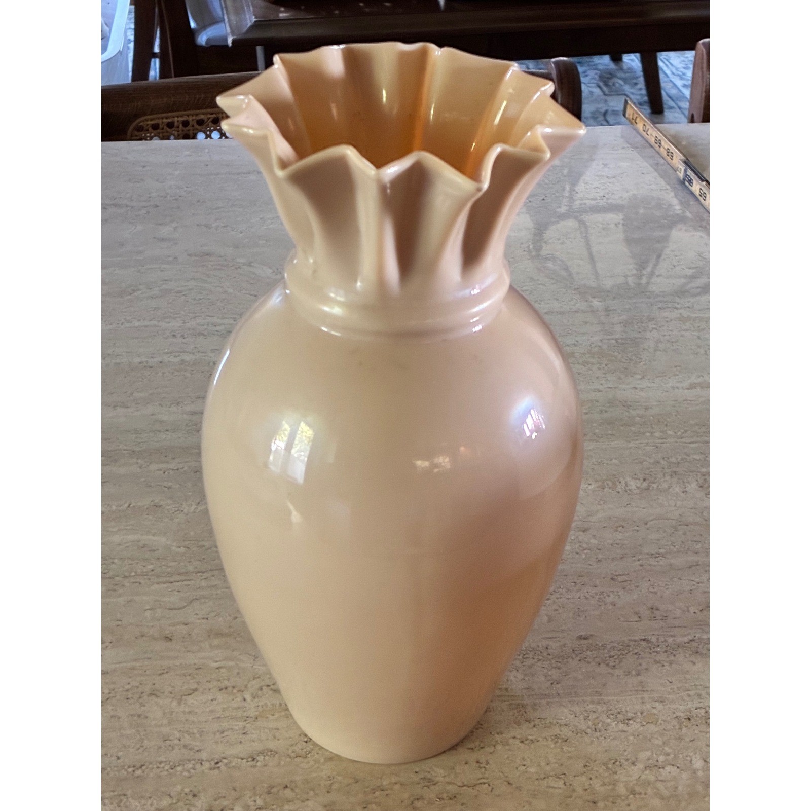 Vintage Peach Opalescent Glass Vase Ruffled Rim Mid Century Decor 12 Inch Vintage Peach Opalescent Glass Vase Ruffled Rim Mid Century Decor 12 Inch