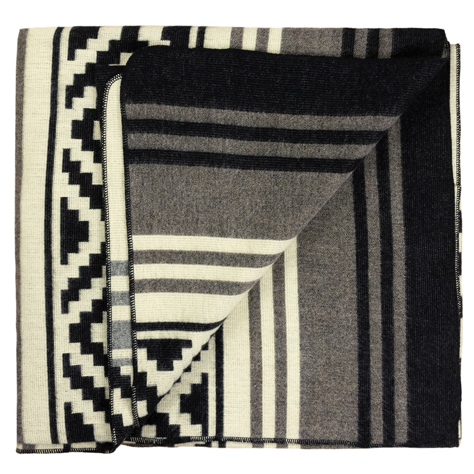 X-LARGE ALPACA WOOL BLANKET 102x83 in REVERSIBLE AZTEC STRIPE BLACK-GRAY-CREAM