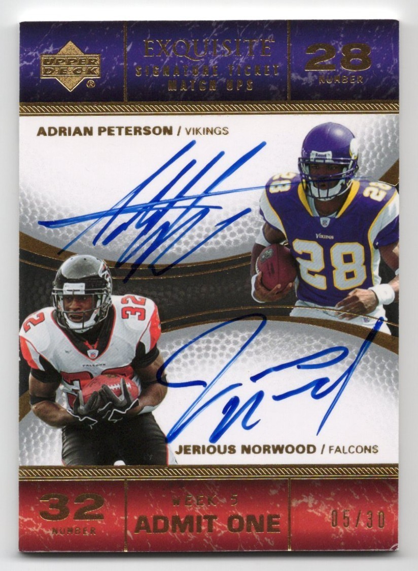 2007 UD Exquisite Signature Ticket Match Adrian Peterson Jerious Norwood Auto 30
