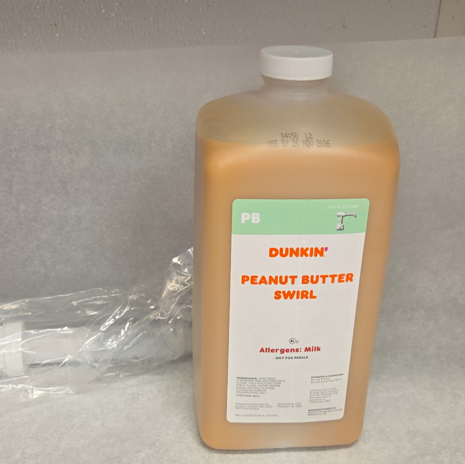 Dunkin' Peanut Butter Swirl Coffee Syrup 64 oz Jug Kosher Exp Nov 26 2026