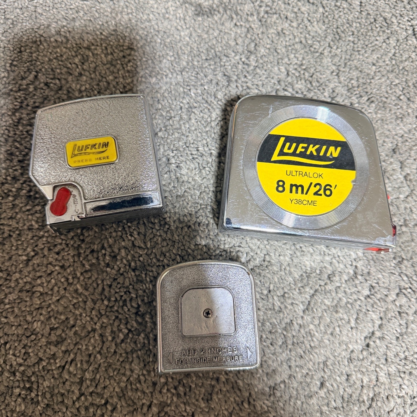 Lufkin Tape Measure Lot of 3 Ultralok Y38CME 26ft White Clad Vintage Chrome Lufkin Tape Measure Lot of 3 Ultralok Y38CME 26ft White Clad Vintage Chrome