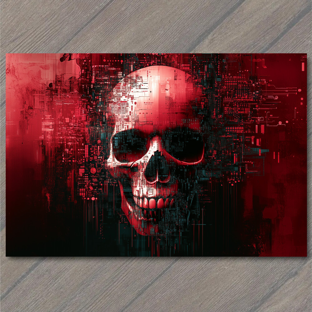 ART CARD Horror Glitch Skull Red Static Cyberpunk Digital Fractured Skull Red