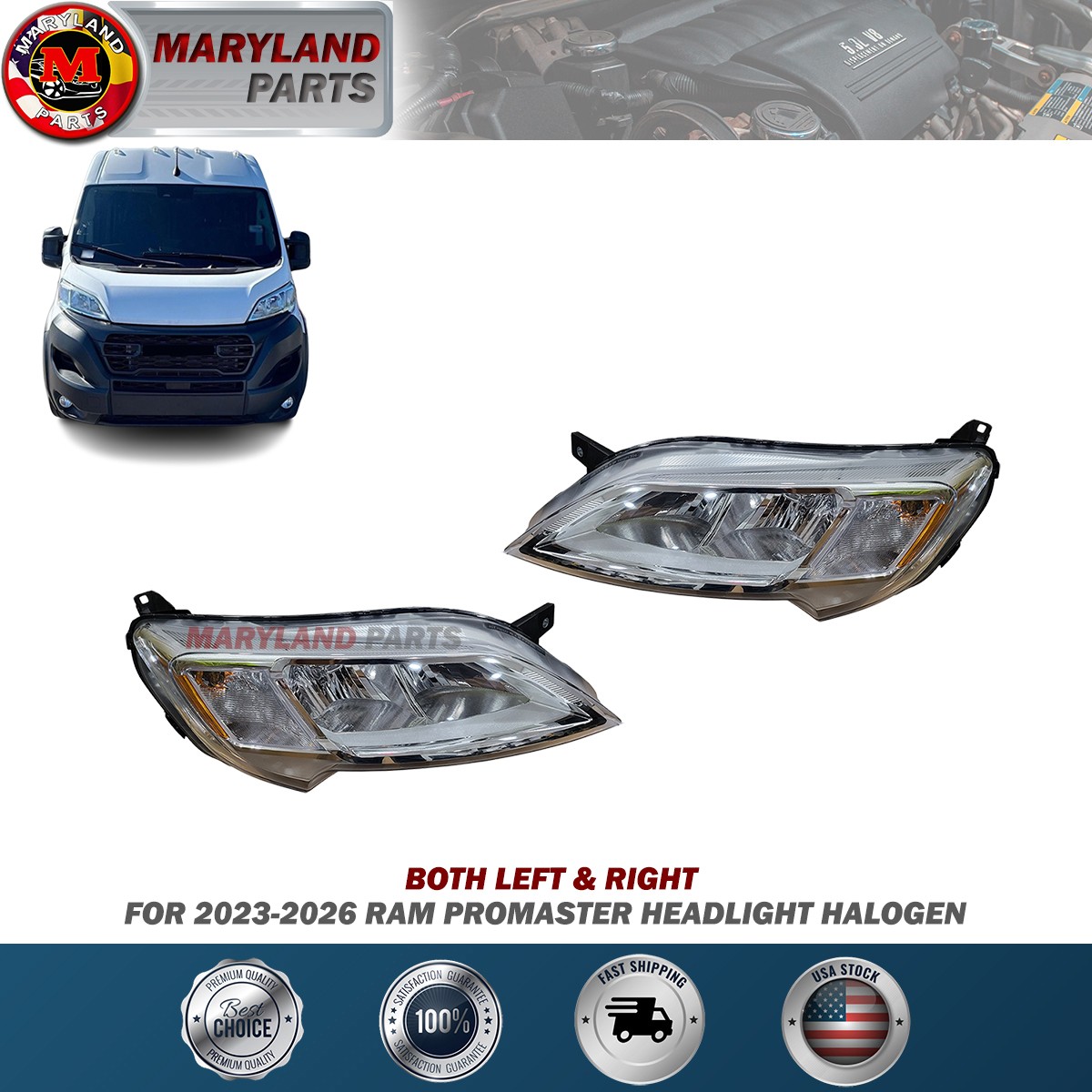 For 2023-2026 RAM Promaster Both Left & Right Headlight Halogen