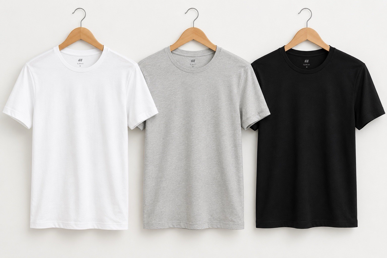 H&M Men\'s Slim Fit Crew Neck Short Sleeve T-Shirt 3-Pack Black/White/Gray M