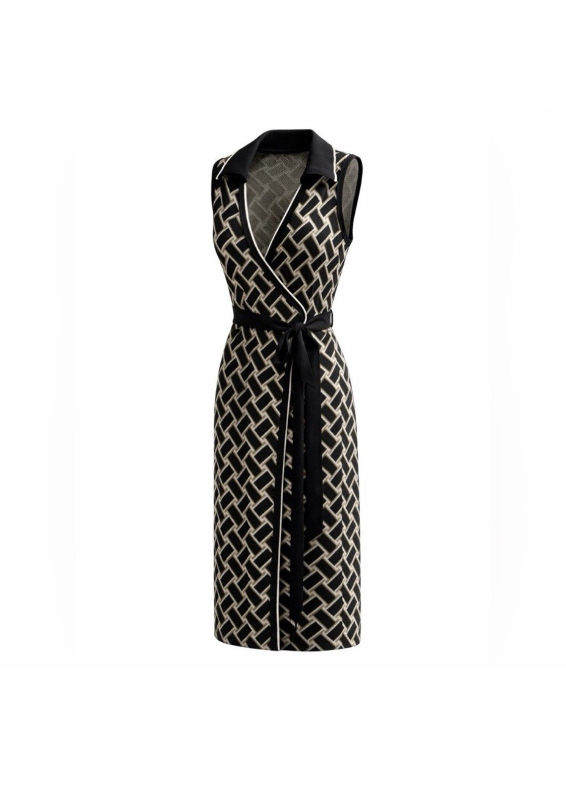 DVF Black Cream Wrap Maxi Dress Geometric Belted