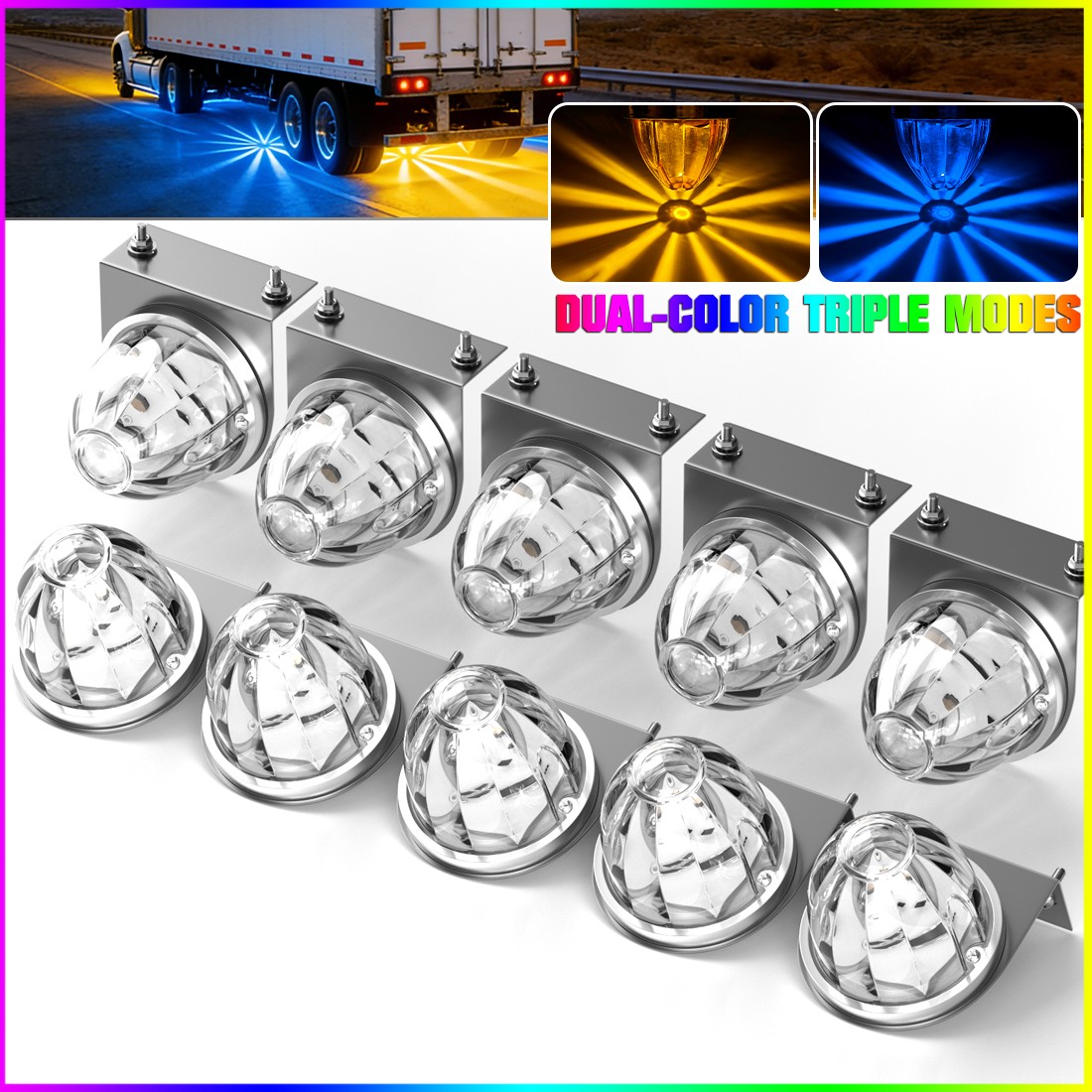 10x Dual Color LED Watermelon Lights w/Brackets Amber Blue for Trailer Truck Van