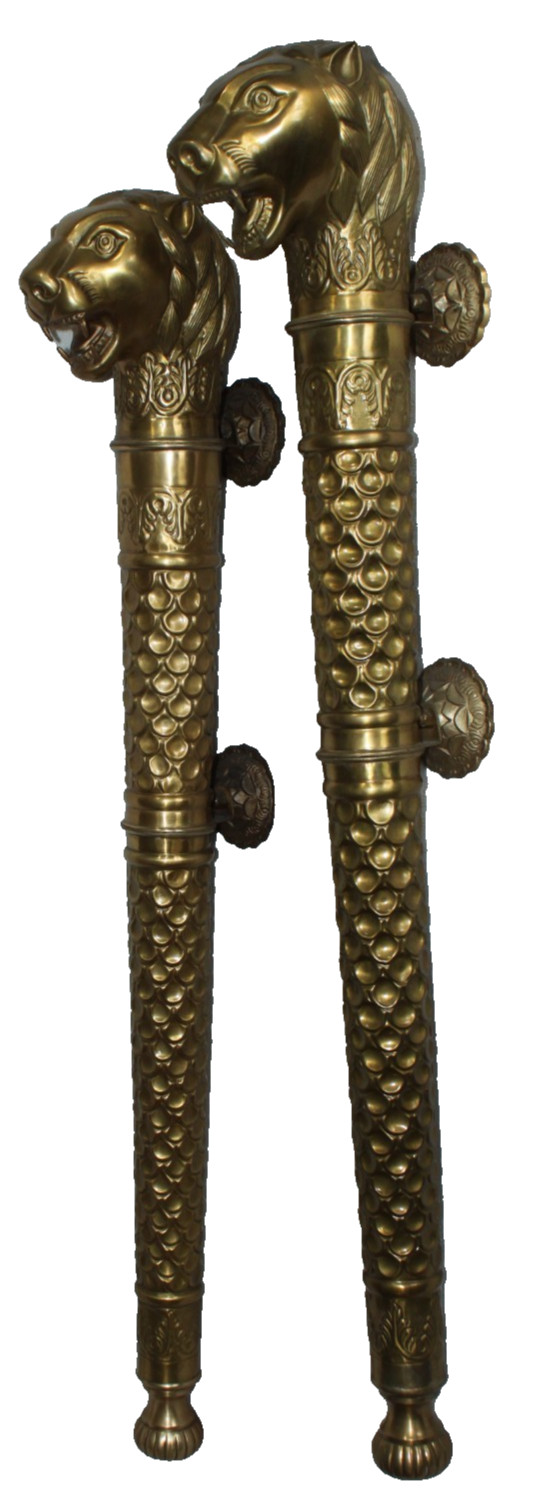 Pair of Vintage Indian Repoussé Brass Lion Head Door Handles Brass 40\