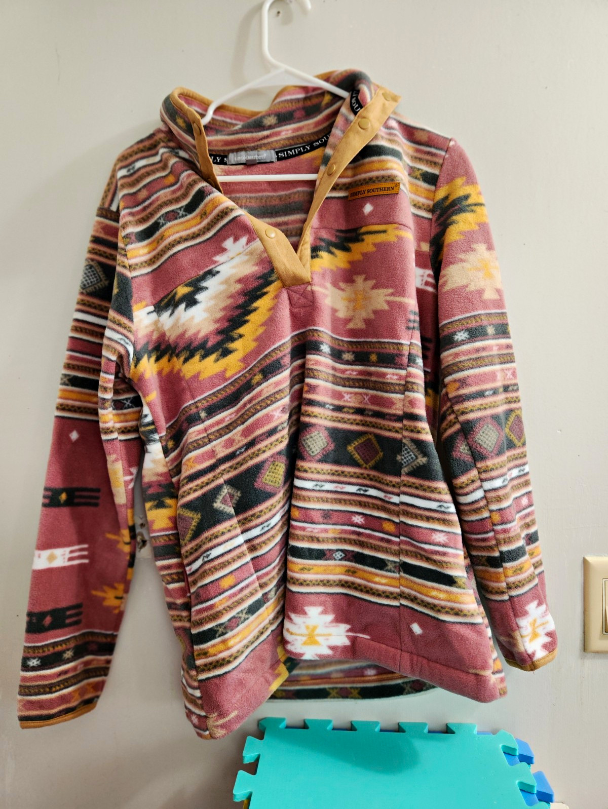 Simply Southern Aztec Fleece Pullover Sweatshirt Mock Neck, Pockets, Pink, S