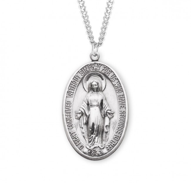 Large Miraculous 925 Sterling Silver Blessed Mary Pendant Medal Necklace