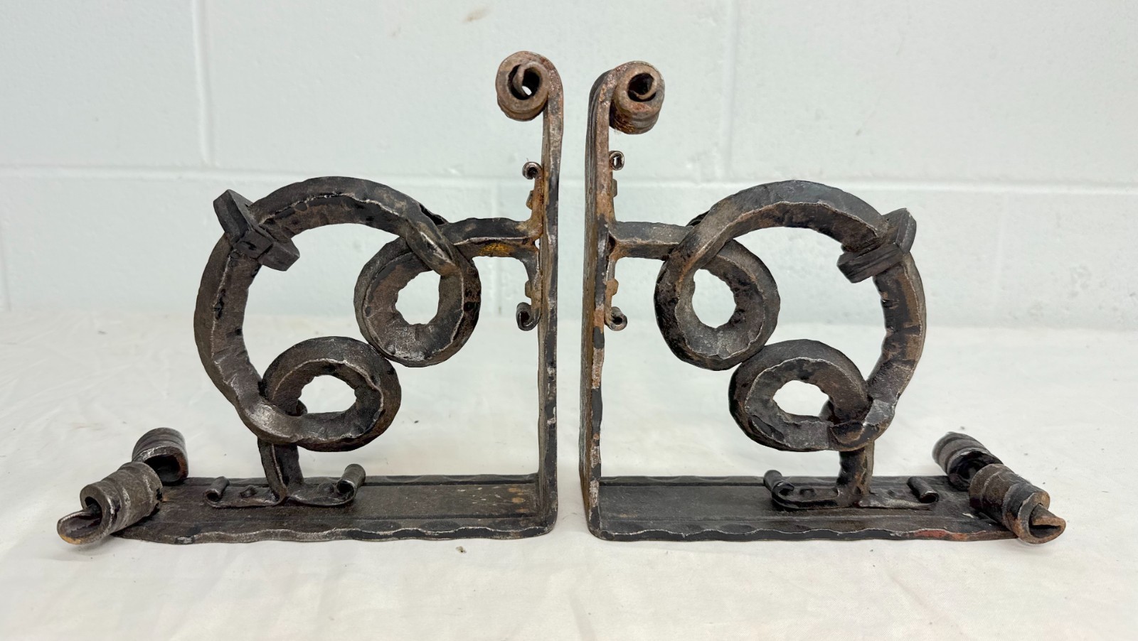 Pair of antique ornate thick hand wrought iron wall brackets corbels sconces 2