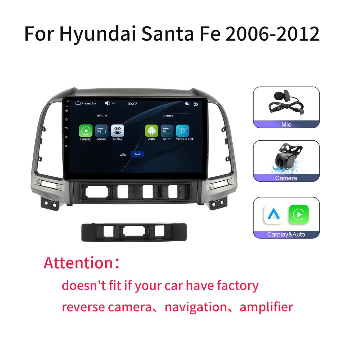 Carplay Android Auto Stereo For Hyundai Santa Fe 2006-2012 Linux System Camera
