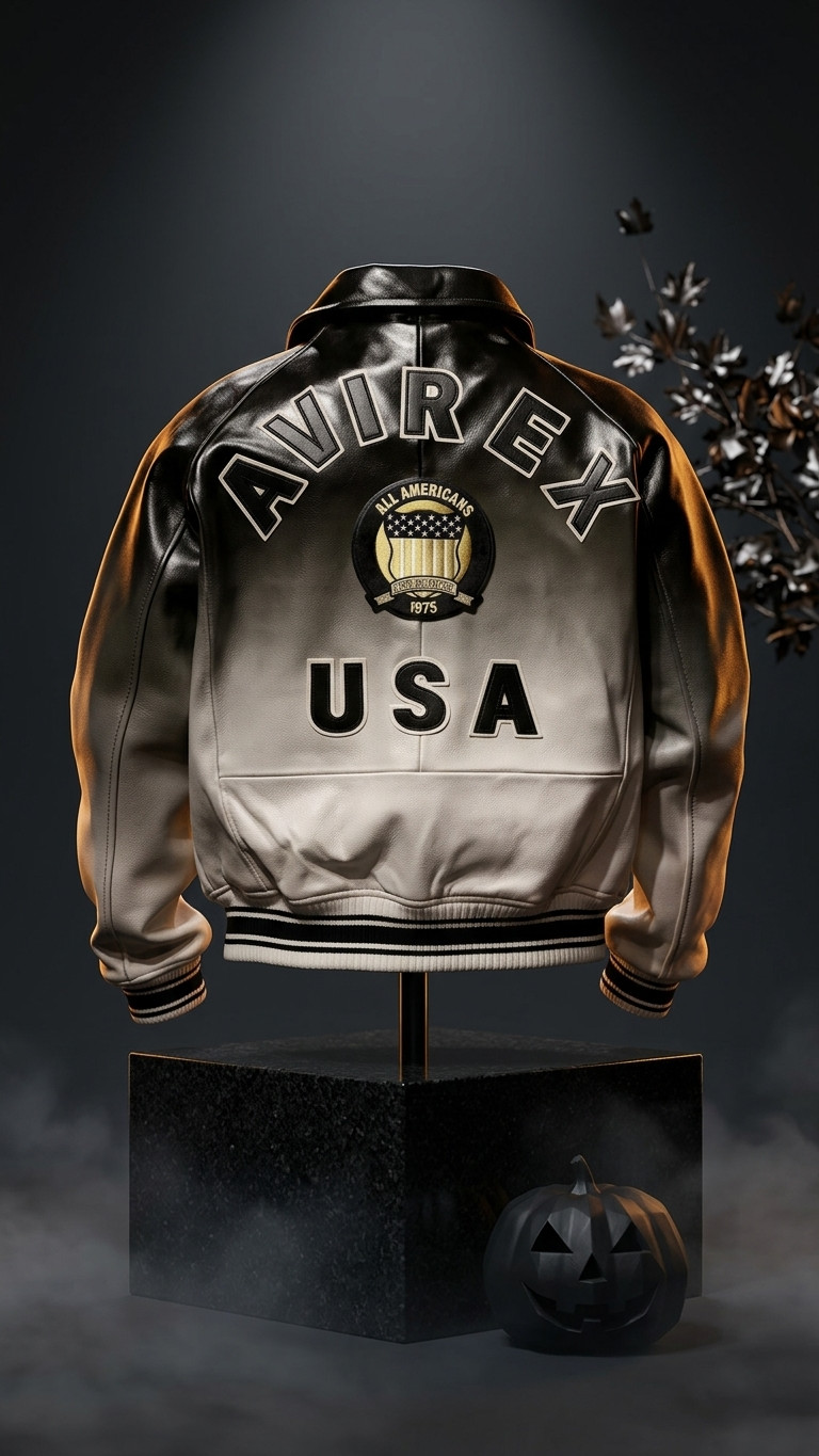Men’s Avirex Black & White Bomber American Flight Jacket Real Leather Jacket