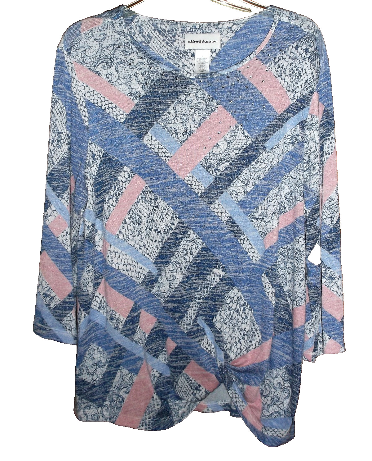 NWOT 💛💚ALFRED DUNNER🧡💙 3/4 Sleeve Embellished Twisted Hem Top Stretch L