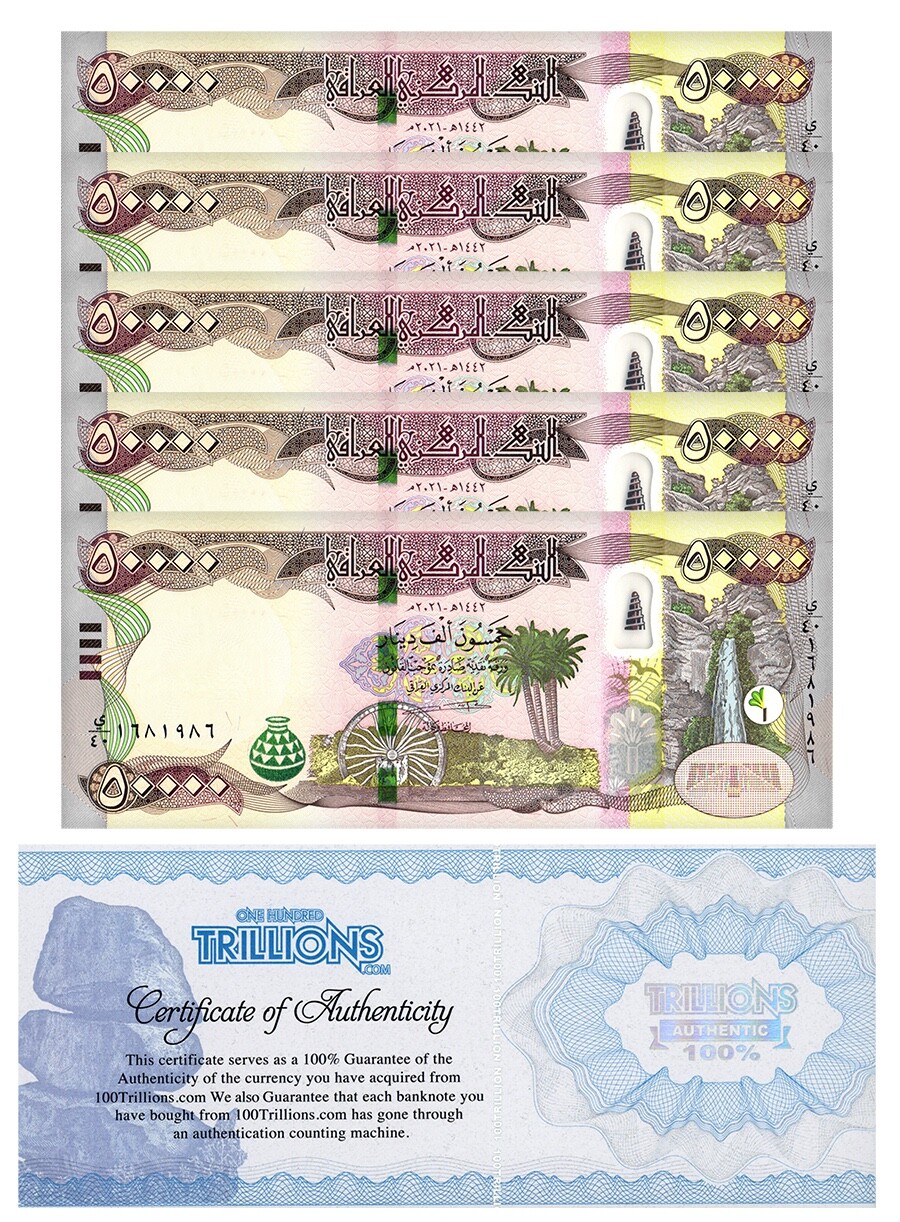 Iraq 50,000 Dinars Banknote. UNC COA USA seller QTY 5  250k IRAQ dinar,,