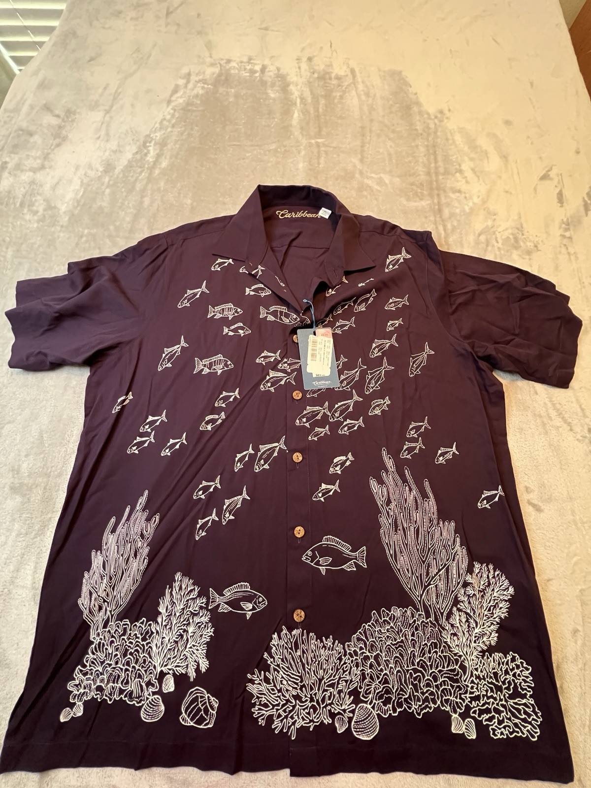Caribbean Mens Shirt XL Purple Fish Coral Camp NWT Button Front Hawaiian