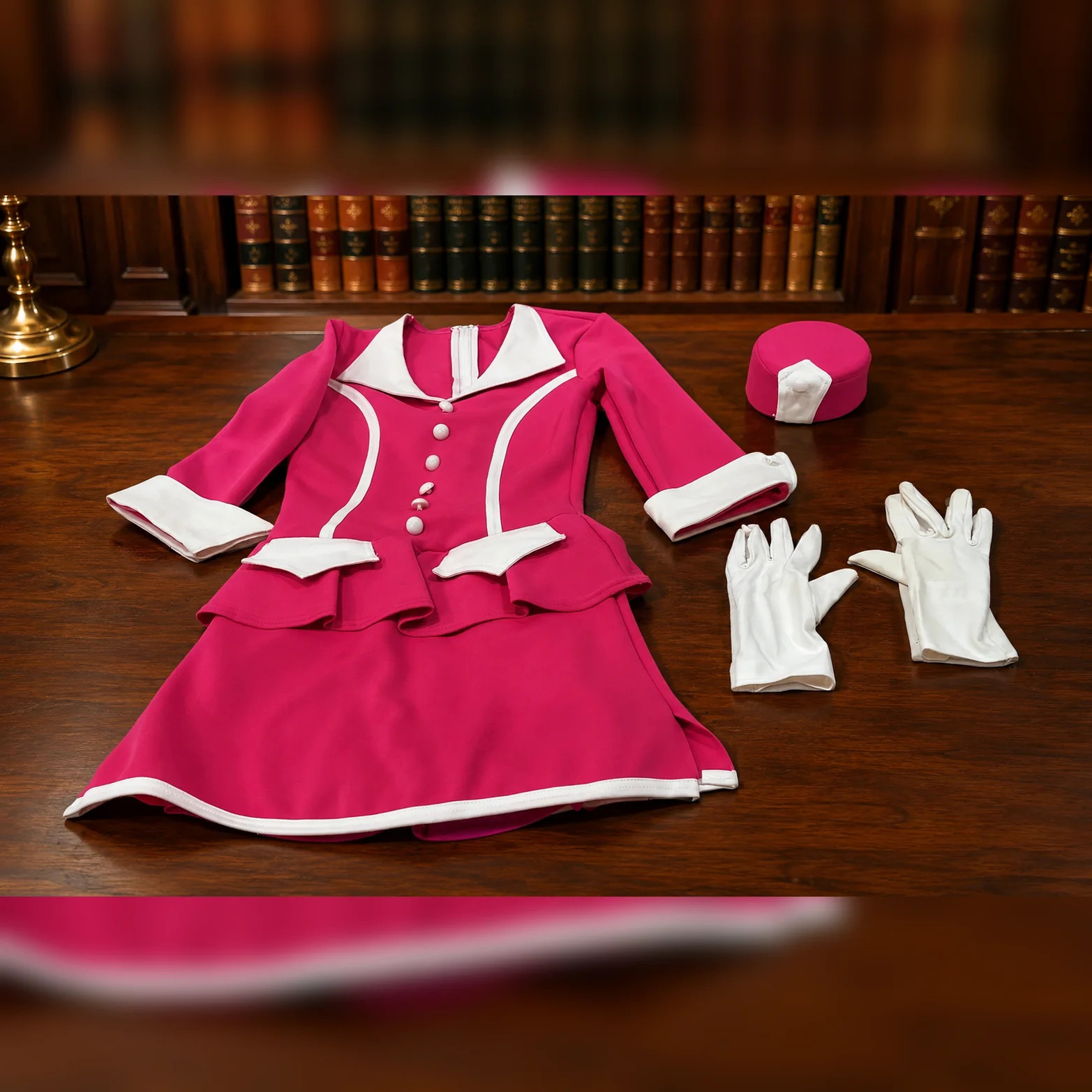 AGE REVIEW Weissman Pink and White Peplum Costume Dress with Hat and Gloves, Siz