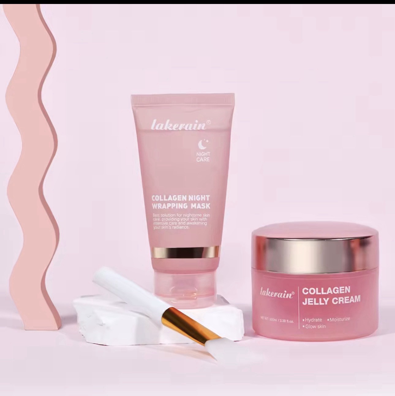 Lakerain Glow Overnight Mask Duo Set Collagen Turmeric Jelly Cream Brush