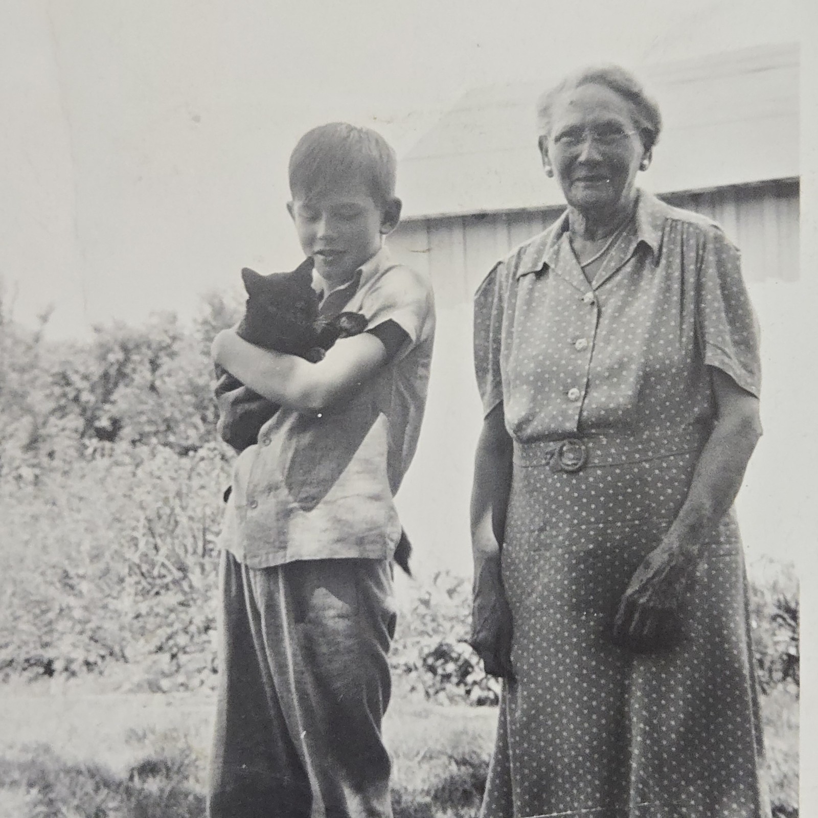 Vintage 1940s B&W Photo Snapshot of Young Boy Holding Cat w/ Grandma