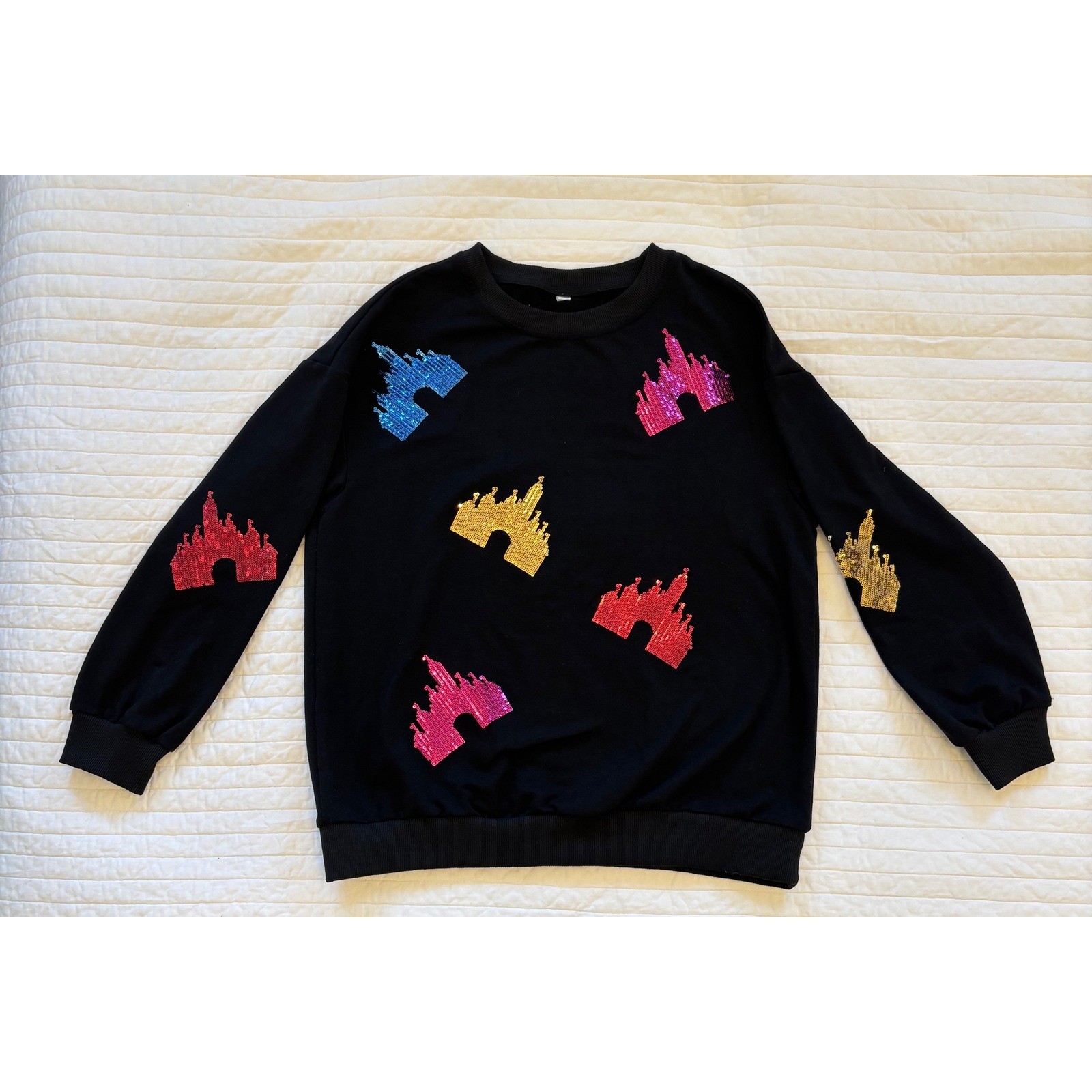 Sparkle Sequin Disney Castle Sweatshirt Womens S Colorful Theme Park Crew