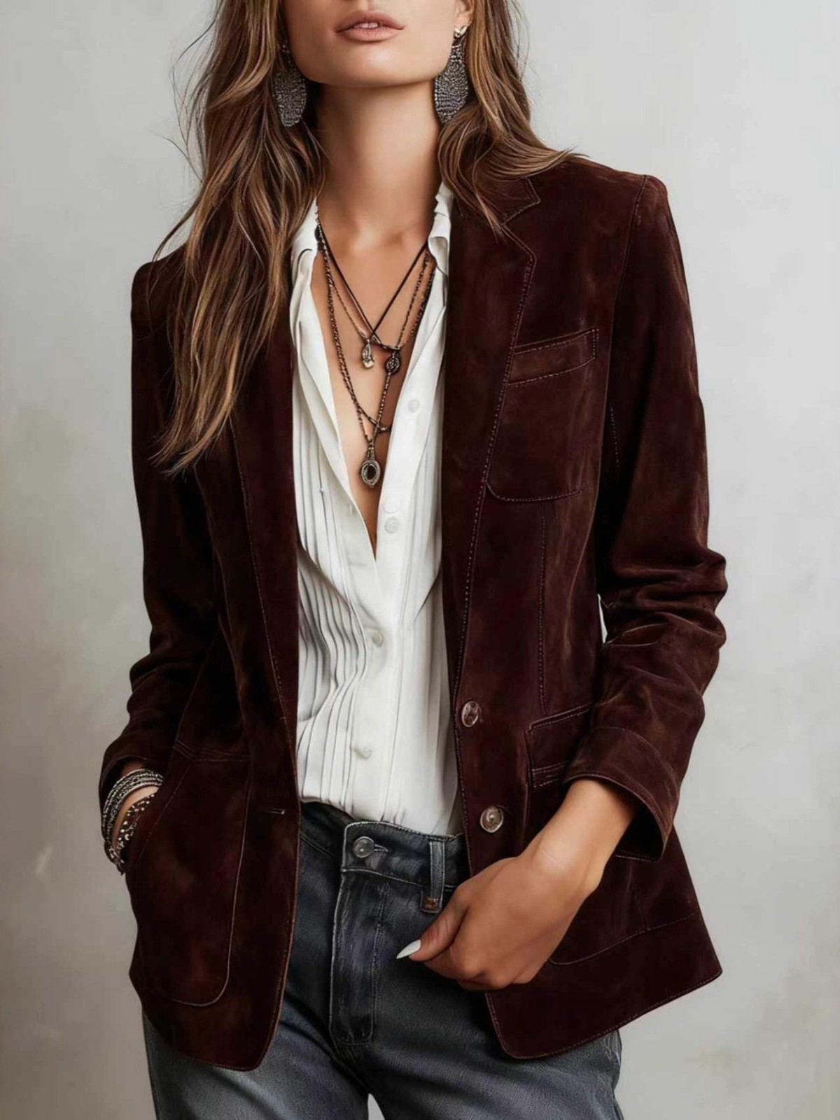 Women's Burgundy Faux Suede Blazer Long Sleeve Button Front Slim Fit Women's Burgundy Faux Suede Blazer Long Sleeve Button Front Slim Fit