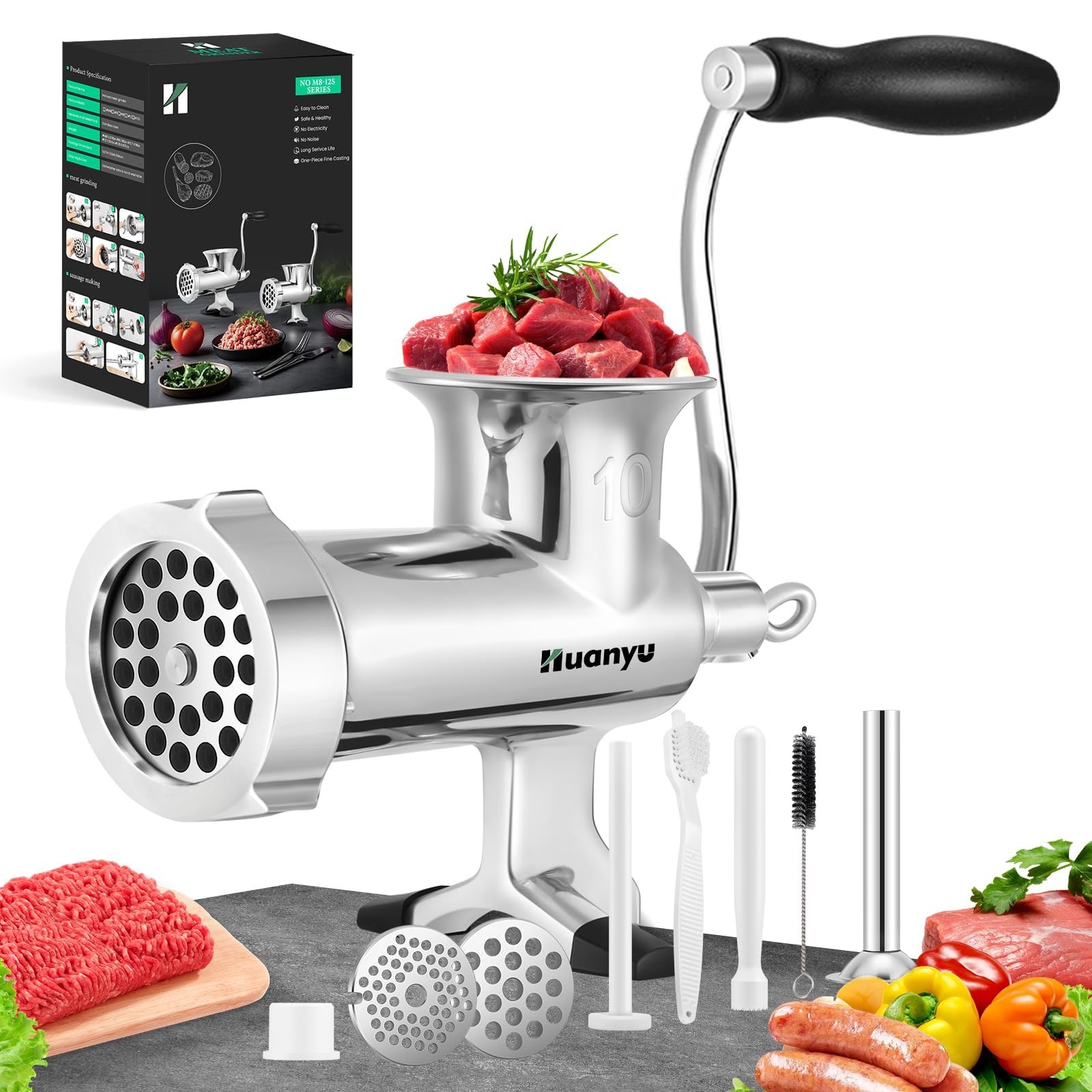 Huanyu Manual Meat Grinder-Heavy Duty Stainless Steel, Hand Crank Grinding Ma...