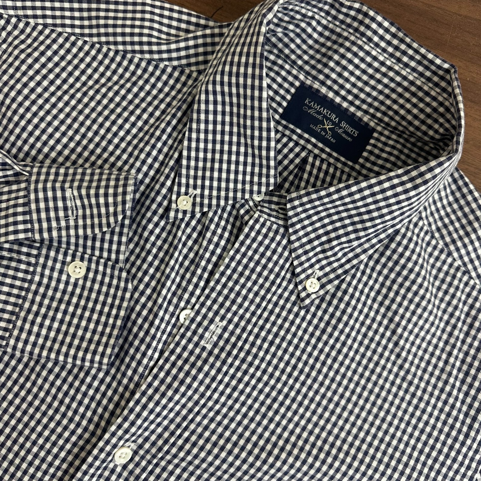 Kamakura Maker\'s Button Down Gingham Japan Shirt Navy Blue Cotton Mens 16.5-33.5