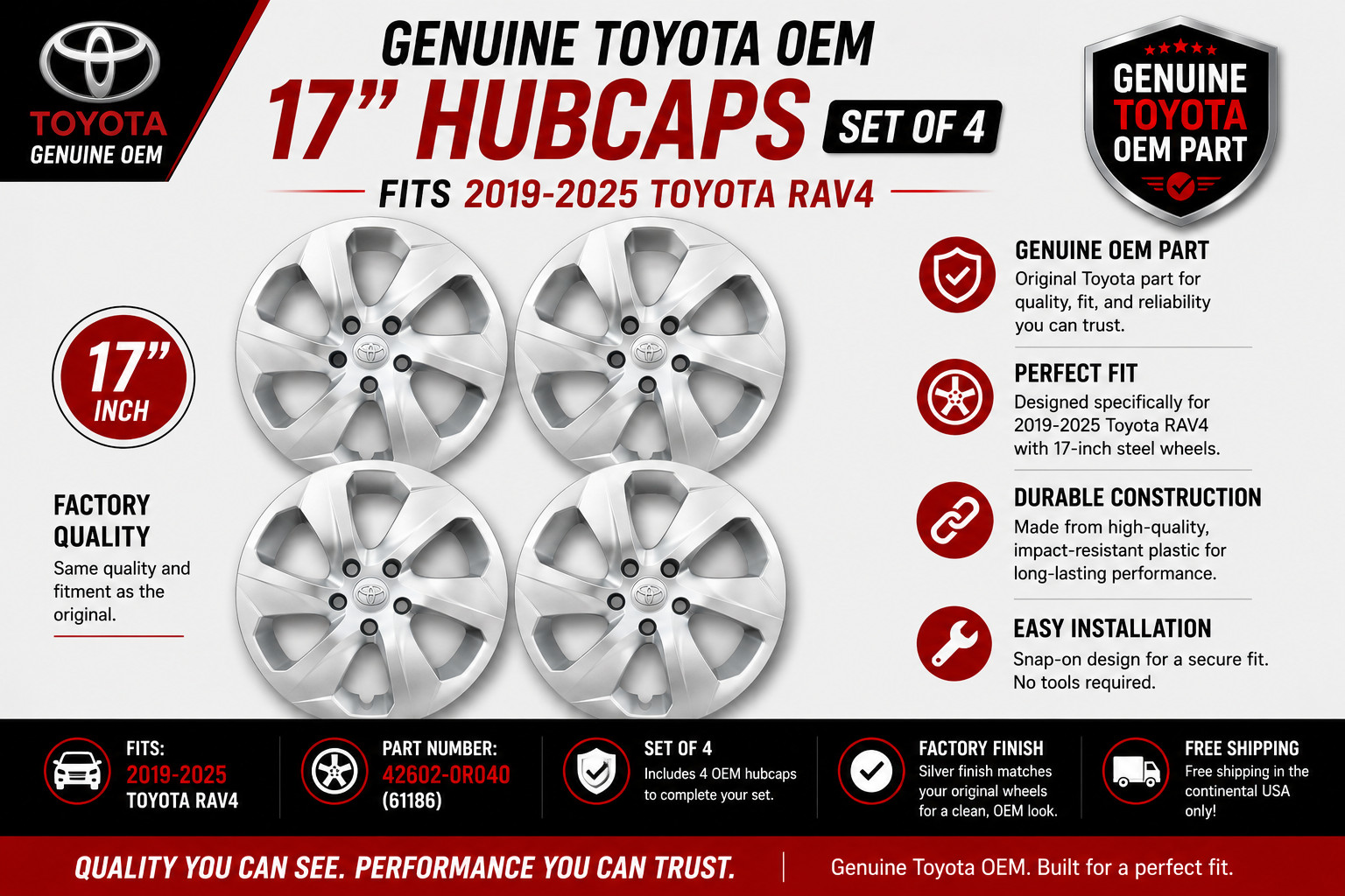 Set/4 OEM Hubcaps for Toyota Rav 4 2019-2025 New Genuine OEM Factory Set 17-inch