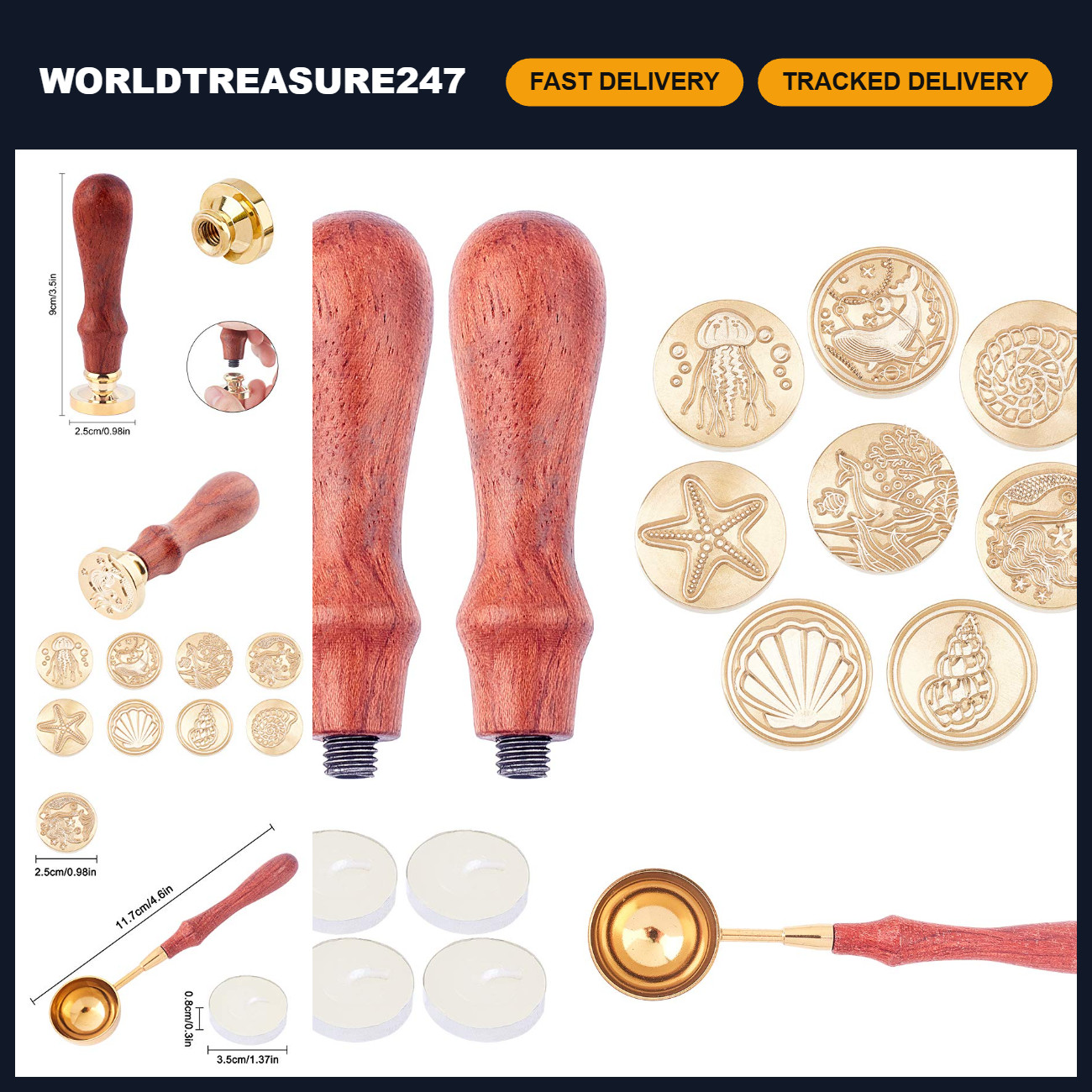 Vintage Ocean Wax Seal Stamp Set - 8pcs Brass Heads, Wood Handle, Wax Spoon & Ca Vintage Ocean Wax Seal Stamp Set - 8pcs Brass Heads, Wood Handle, Wax Spoon & Ca