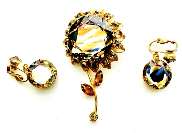 SCHREINER Rare Striped Art Glass Inverted Rhinestone Flower Brooch Earring Set