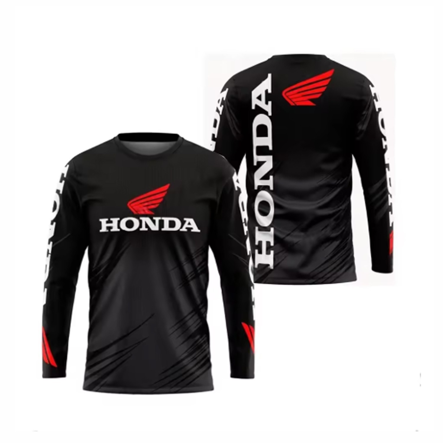 Custom Name Men\'s Honda Racing Black Red Logo 3D Long Sleeve Shirt S-5XL