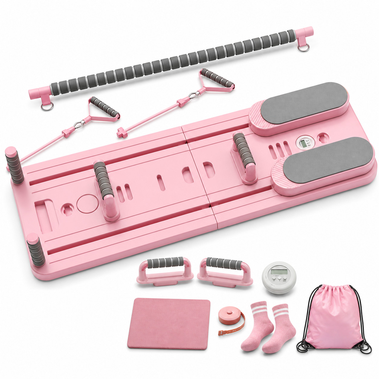 Multifunction Pilates Reformer Board Home Gym Workout Set Accessories Pink
