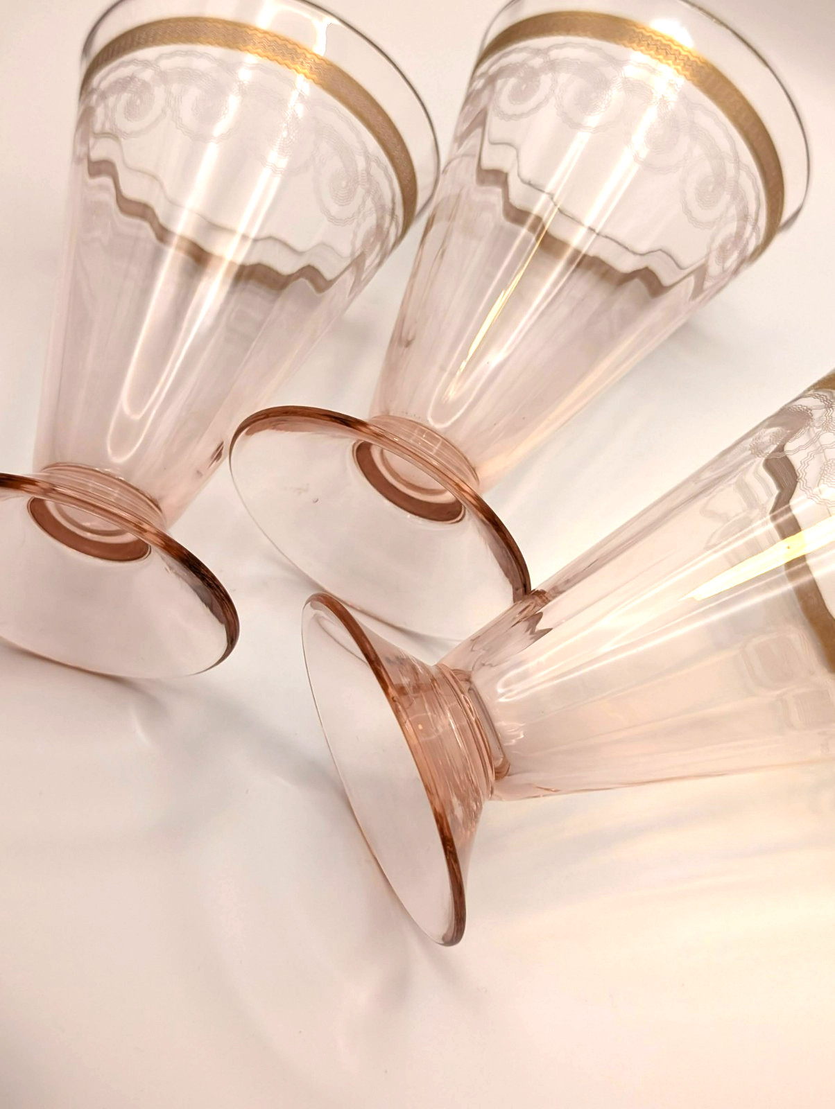 Vintage Pink Elegant Glass Footed Tumblers Set of 3 Etched Gold Encrusted Band