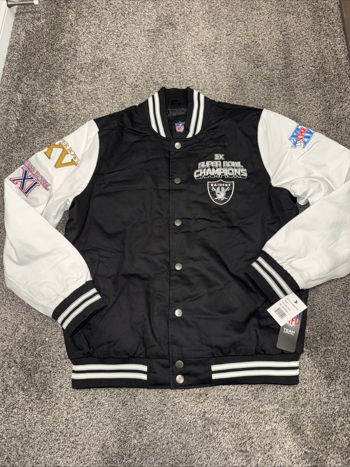 GIII Oakland Raiders 3X Superbowl Champion Varsity Letterman Jacket Mens Sz L GIII Oakland Raiders 3X Superbowl Champion Varsity Letterman Jacket Mens Sz L
