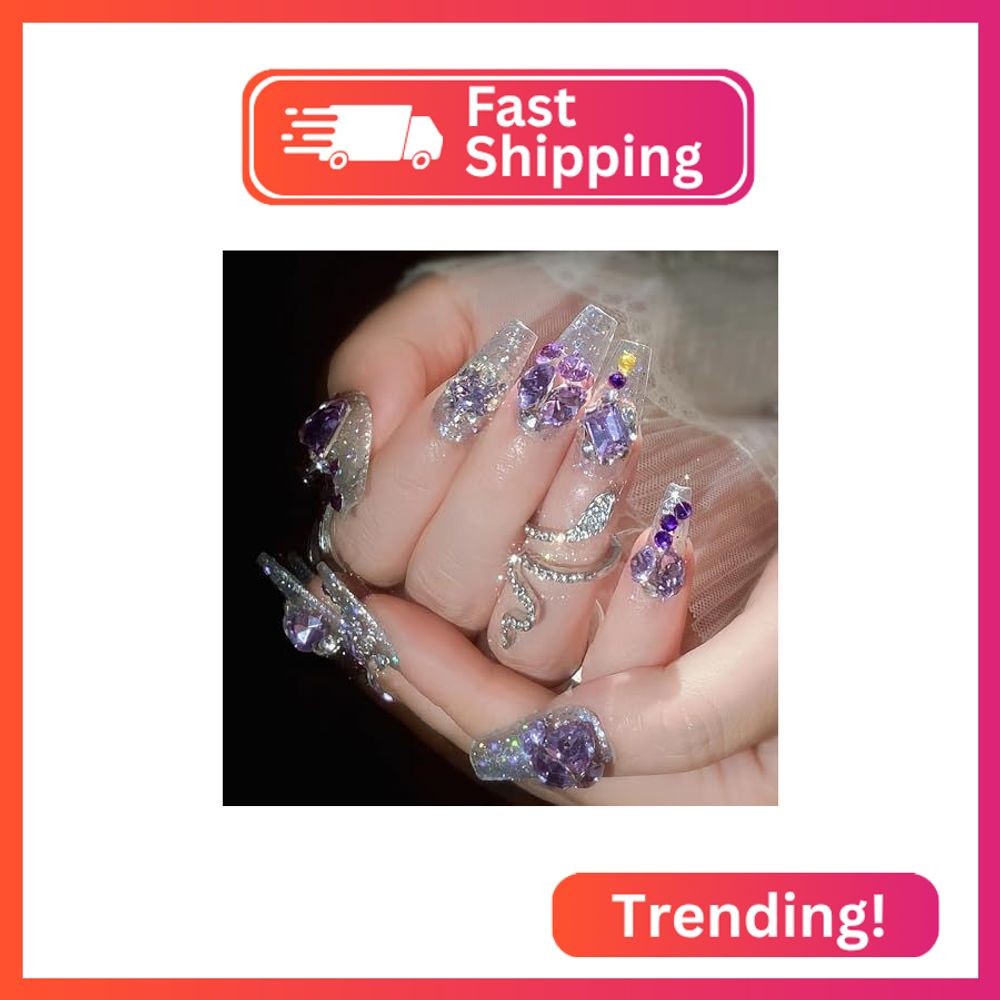 MISUD Press on Nails - Long Coffin Fake Nails with Purple Rhinestone, Acrylic Bl