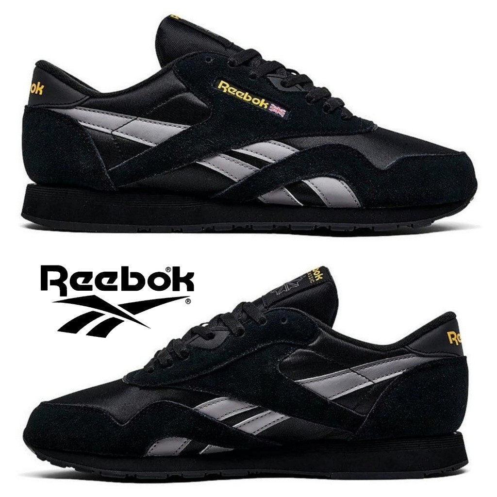SALE Reebok Classic NYLON Black Yellow Men\'s Sneakers Casual Run Training Shoes
