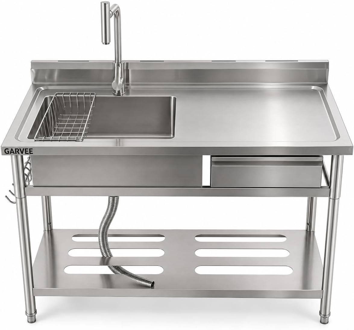 47in Freestanding Stainless Steel Utility Sink, Single Bowl with Drawer & Faucet
