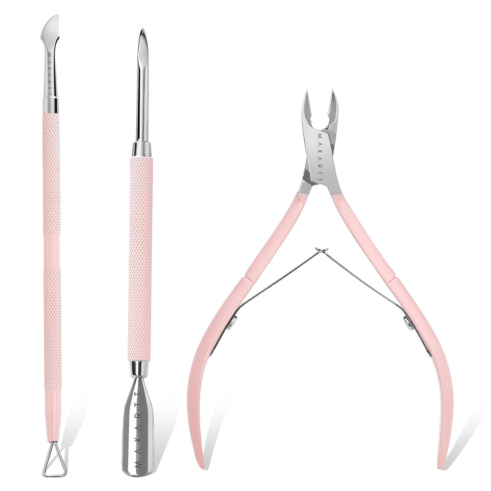 Makartt 3 Pcs Pink Cuticle Nipper Set, Stainless Steel Pusher Pink-3pcs,